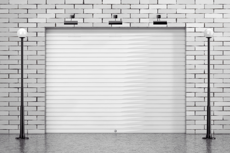 Garage Rolling Shutter Gate Door with Brick Wall and Street Lights extreme closeup. 3d Rendering