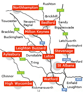Map of our service area in North London, Hertfordshire, Bedfordshire, and Buckinghamshire
